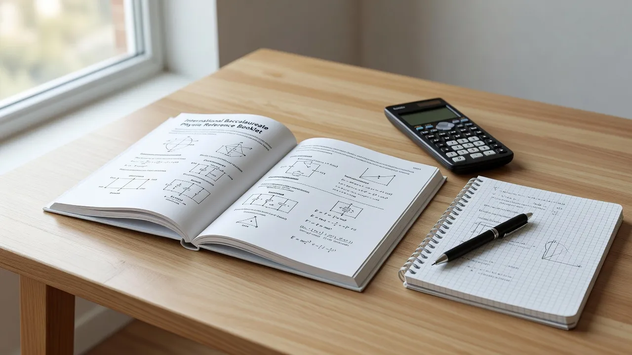 An open IB Physics data booklet sitting on a study desk alongside a scientific calculator and notebooks.