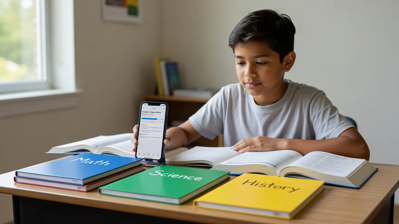 Junior high student studying at a desk with textbooks, organized notes, and a digital tablet.