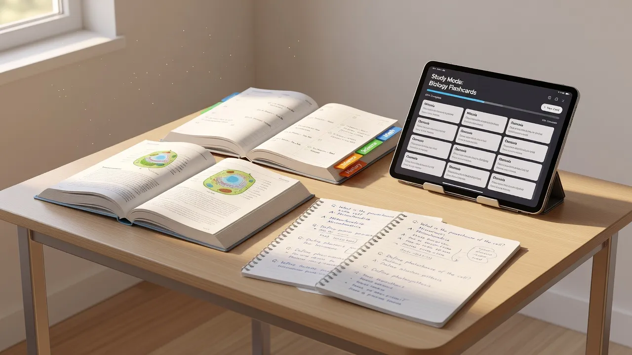 Junior high student desk with organized study tools and digital app for middle school study skills.