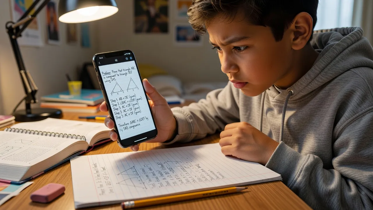 Middle school student using an AI app to scan and break down a geometry problem step-by-step.