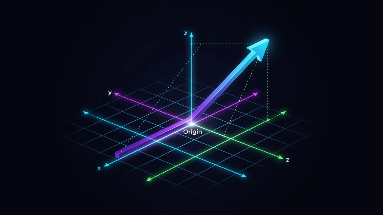 3D visualization of a physics vector magnitude diagram with orthogonal components on a dark background.