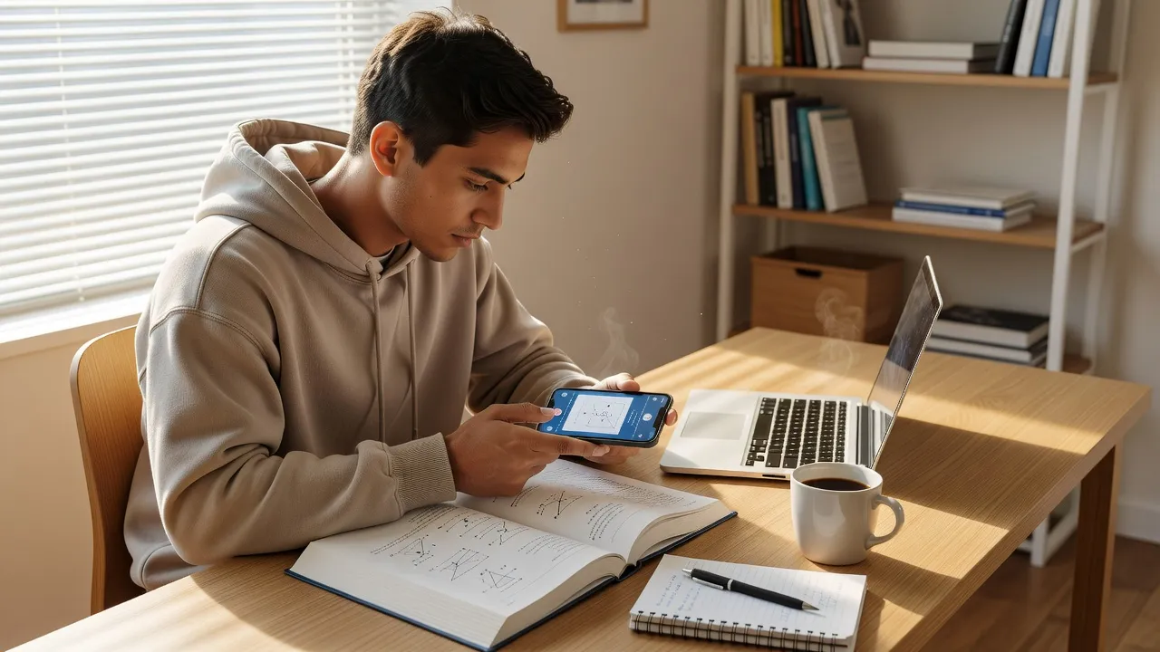 Student using a mobile app on a smartphone to scan a physics vector problem on a wooden desk.