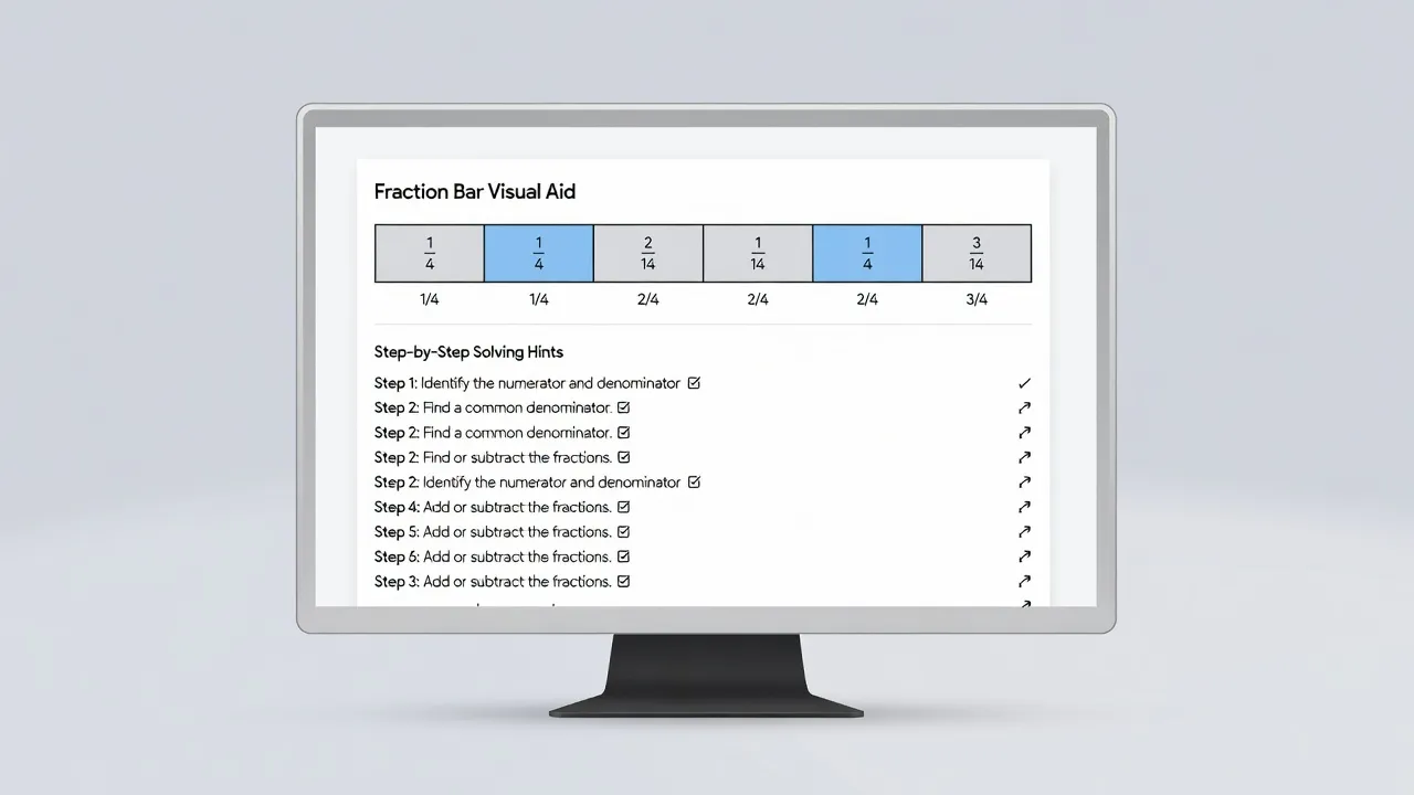 Digital platform dashboard displaying fraction word problem exercises with visual hints.