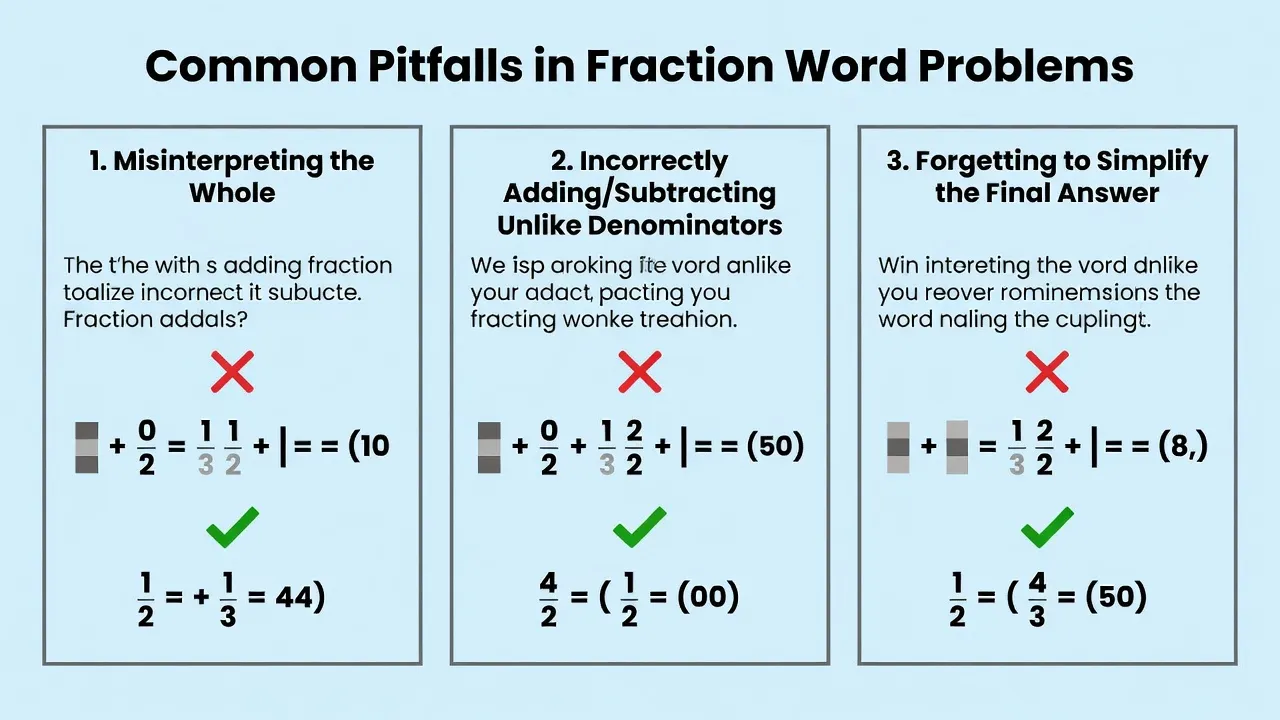 Infographic outlining common student errors in fraction word problem calculations.