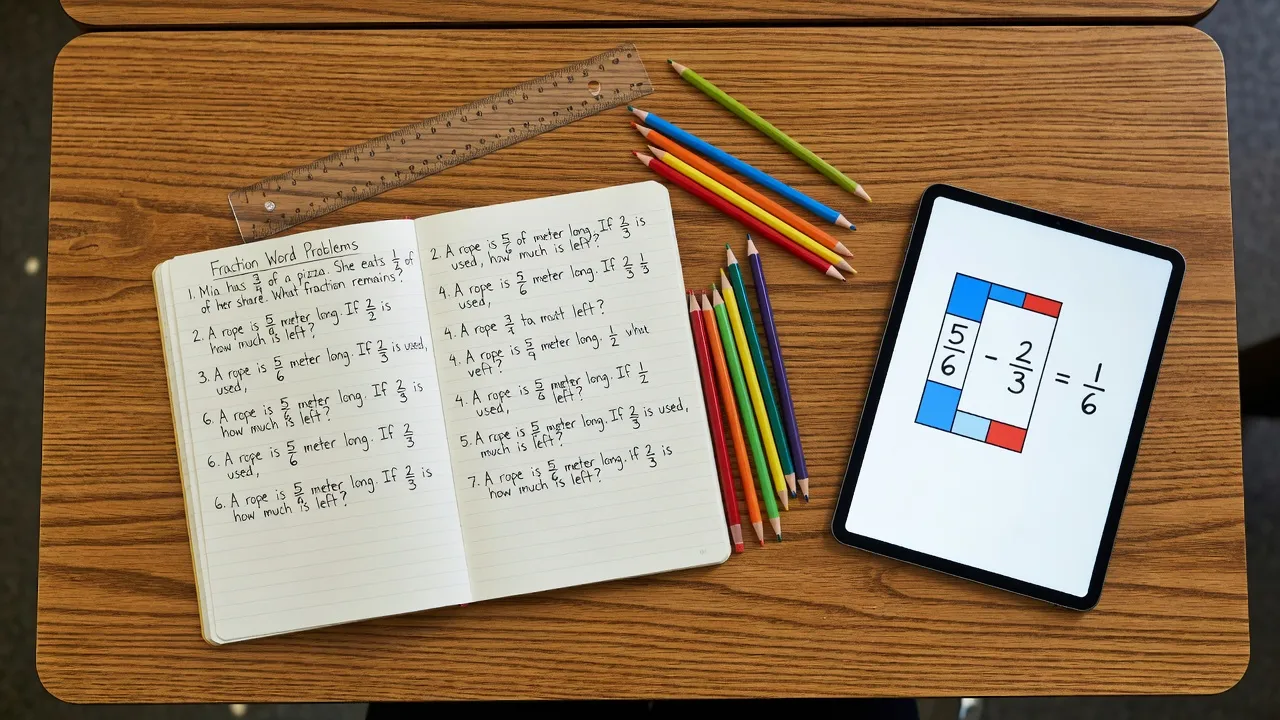 Student desk with a math notebook showing fraction word problems and a visual diagram.