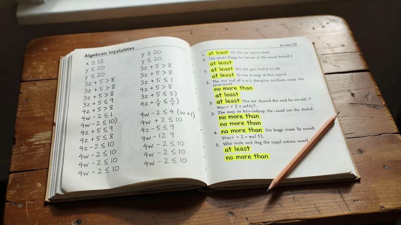 Algebra workbook on a wooden desk displaying written math inequality word problems and step-by-step notes.