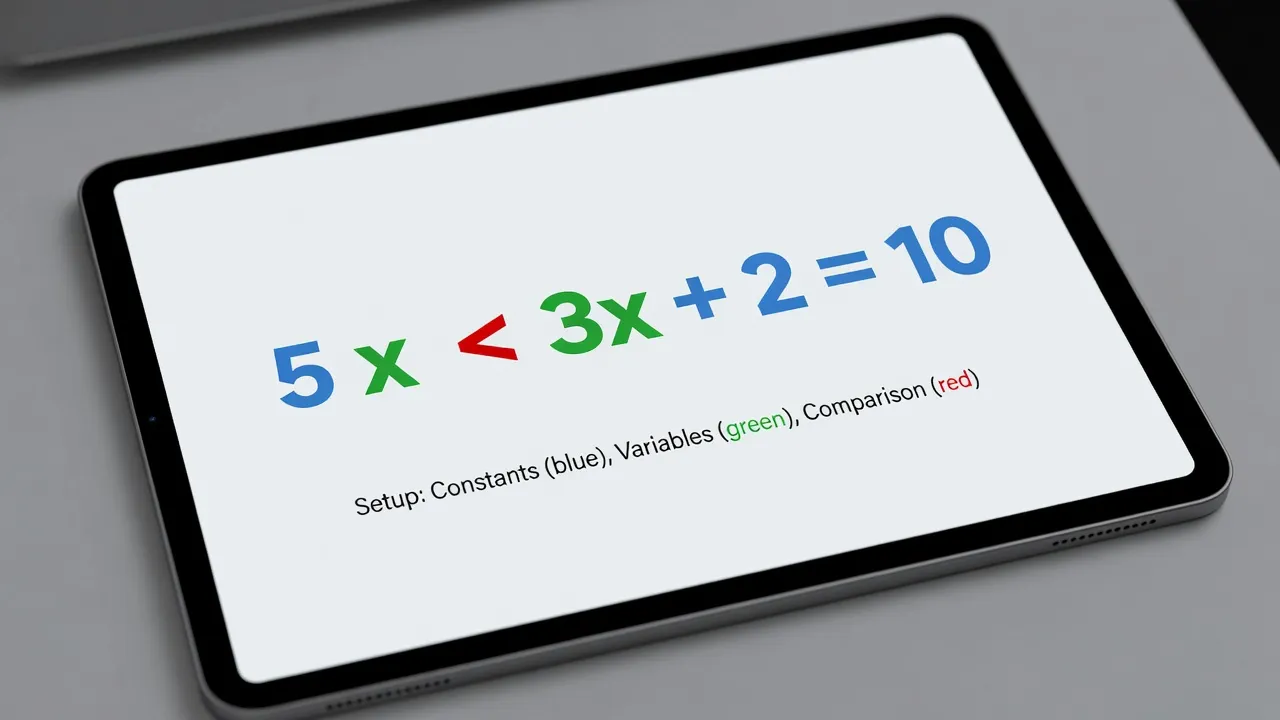 Digital tablet screen displaying color-coded components of a linear inequality word problem.
