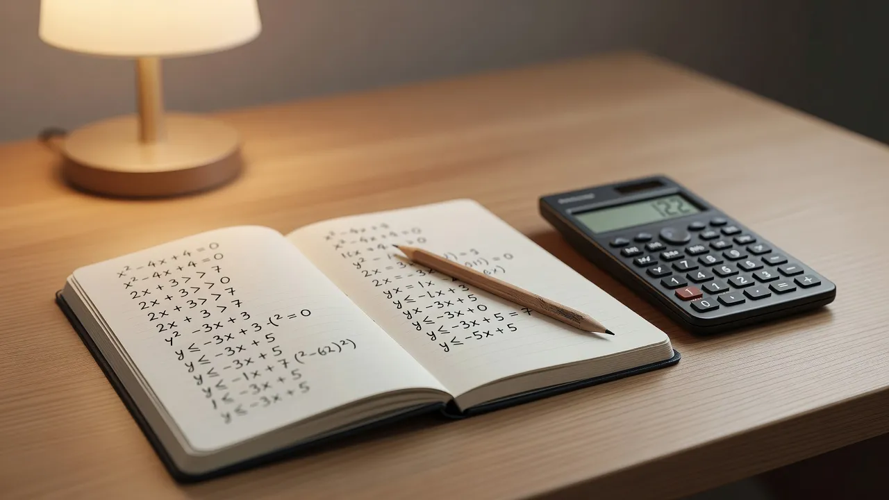 Student analyzing a math inequality word problem on a notebook with algebra equations written on a desk