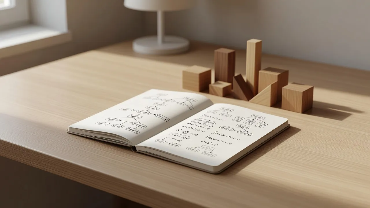 A collection of complex math riddles, logic formulas, and step-by-step solutions written on a clean desk.