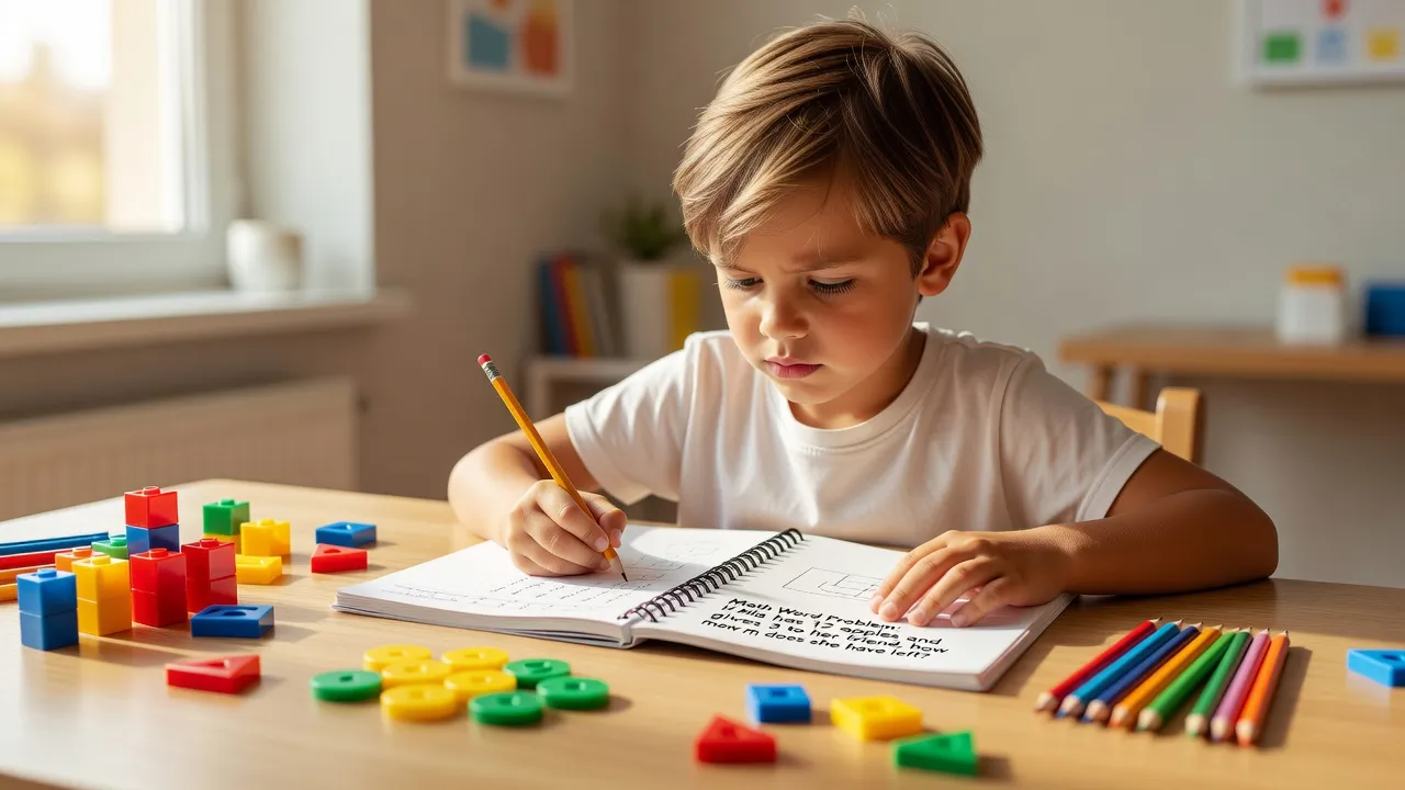 Second grade student working on addition and subtraction math word problems using colorful plastic counting blocks and a whiteboard.
