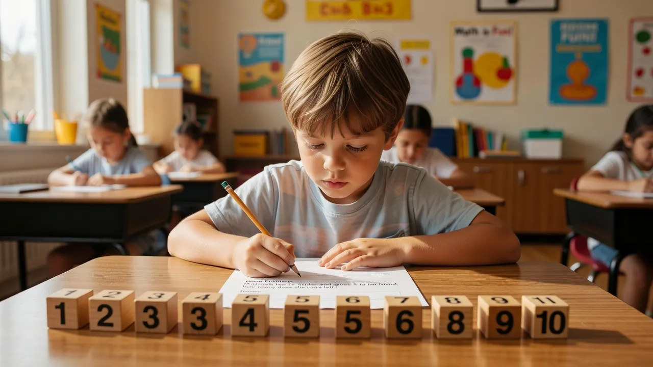 Third grade student writing down math word problem steps on a desk with educational counters.