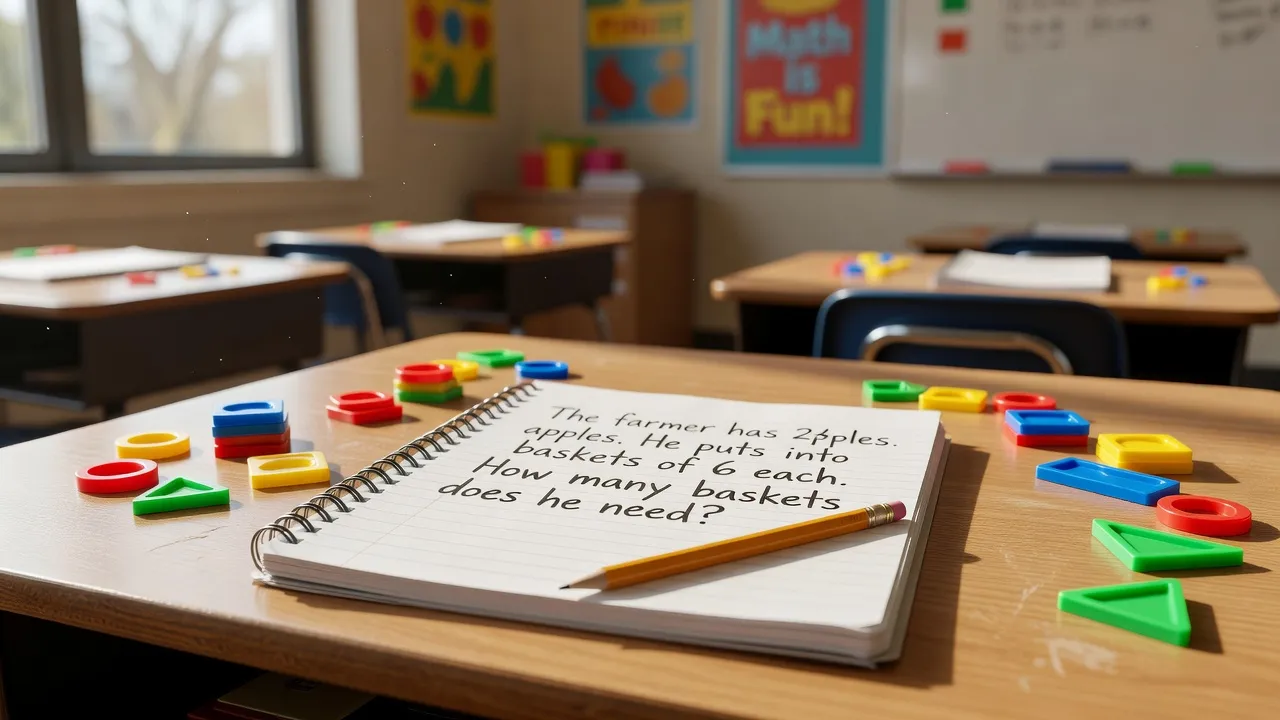 Third-grade math word problem written in a notebook with counting tiles on a desk.