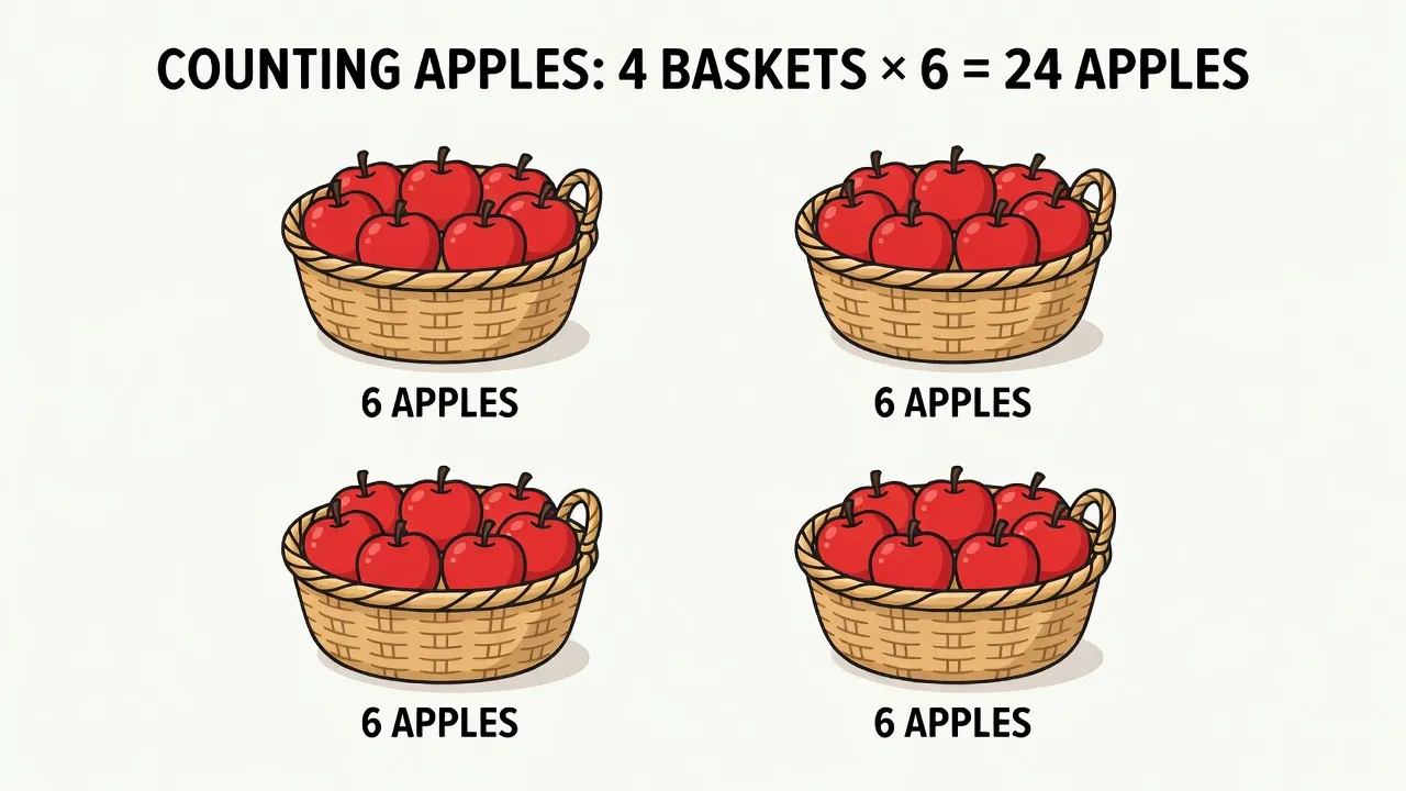 Visual math problem diagram showing 4 baskets of 6 apples each for third-grade multiplication.