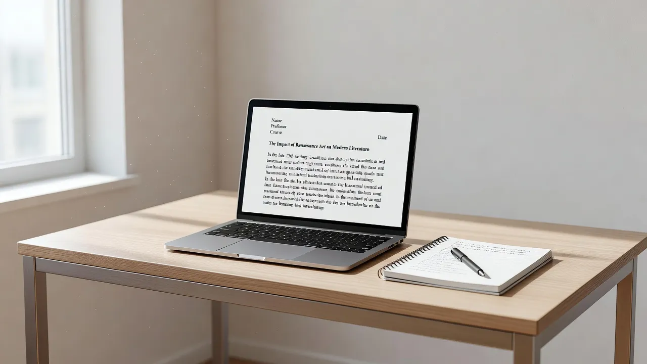 Clean desktop layout showing a student drafting an MLA format example essay on a laptop with printed guidelines.