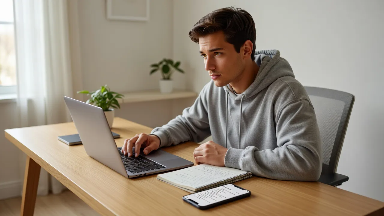 A student studying narrative essay examples on a laptop with a smartphone showing outline assistance on a wooden desk.