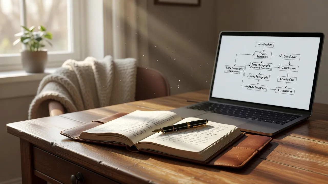 An open notebook with an essay draft surrounded by study materials and a smartphone on a desk.