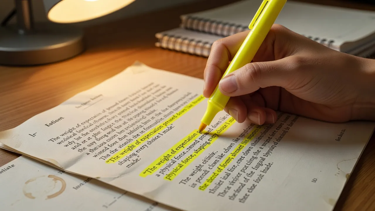 Highlighting key structural elements and narrative sentences in an essay sample.