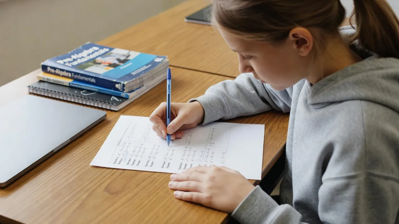A middle school student completing a printable one-step equations worksheet at a desk.