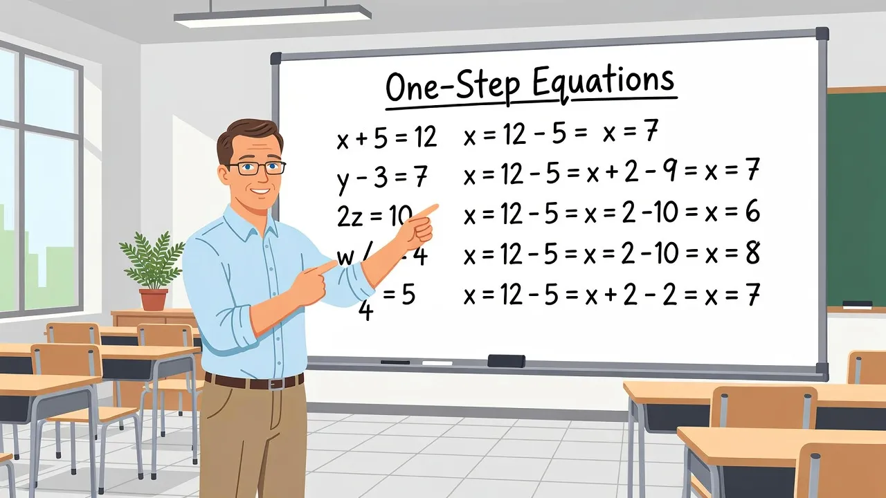 An algebra teacher demonstrating one-step equation concepts on a whiteboard.