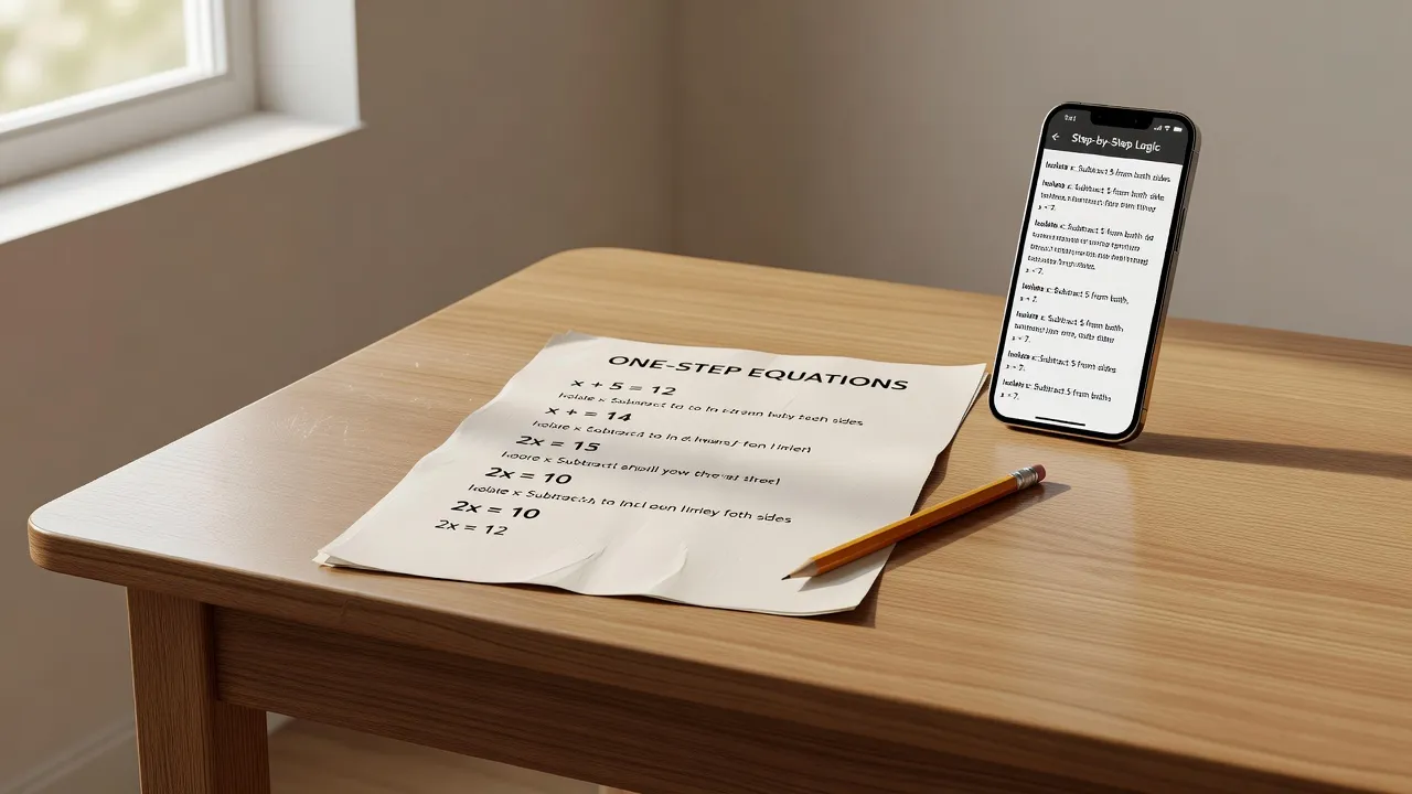 A student completing a printed one-step equations worksheet at a study desk with a pencil.