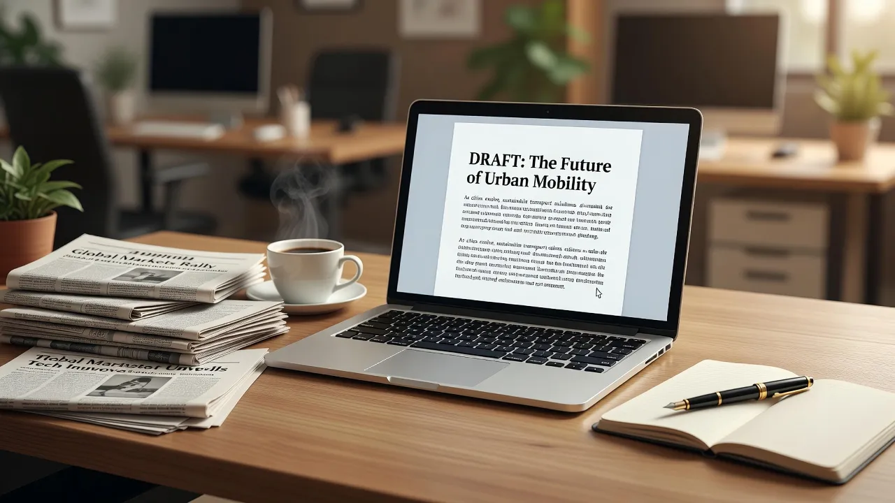 An author writing an opinion piece on a modern laptop next to a notepad.