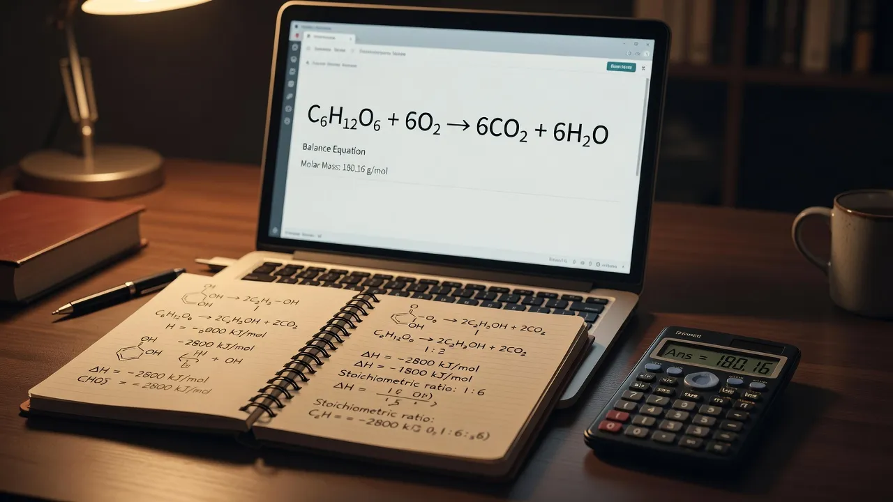 A laptop screen displaying a digital chemistry homework platform next to handwritten problem-solving notes on a wooden desk.