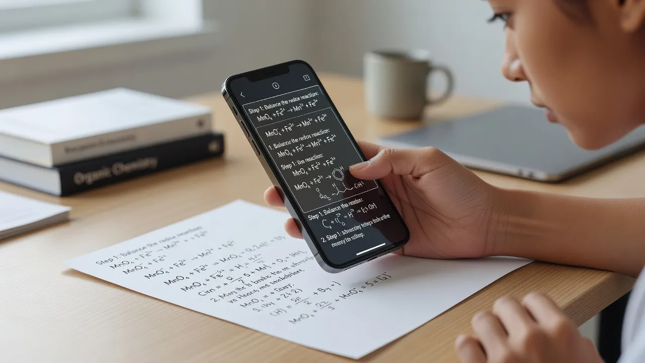 A student scanning a handwritten chemistry problem with a smartphone app to generate step-by-step equation explanations.