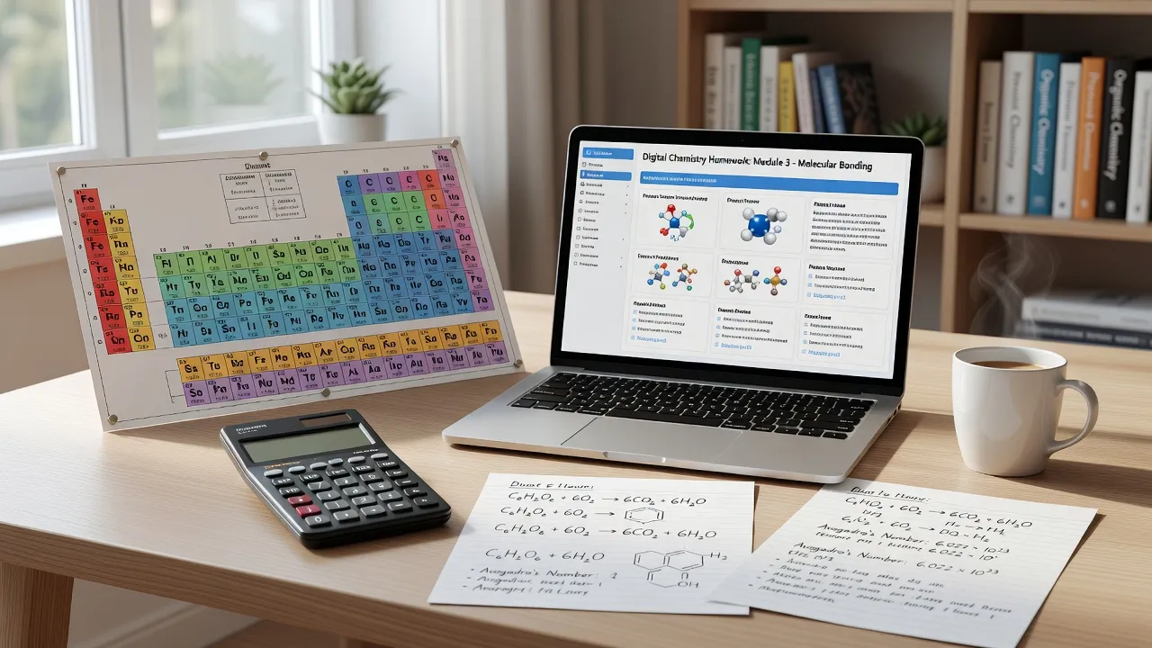 A student using a laptop to study chemistry formulas alongside a notebook and textbook.