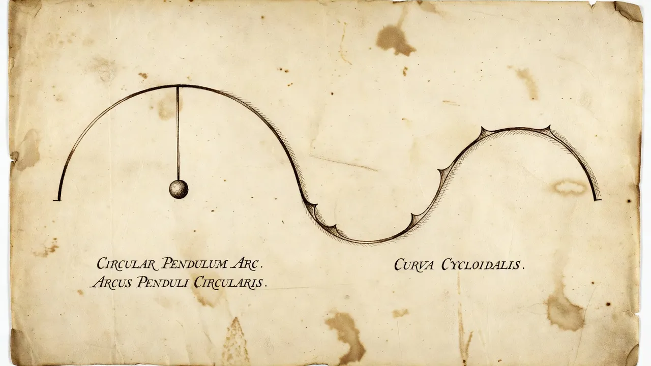 Diagram illustrating circular error by comparing a standard circular pendulum path to an idealized cycloid trajectory.