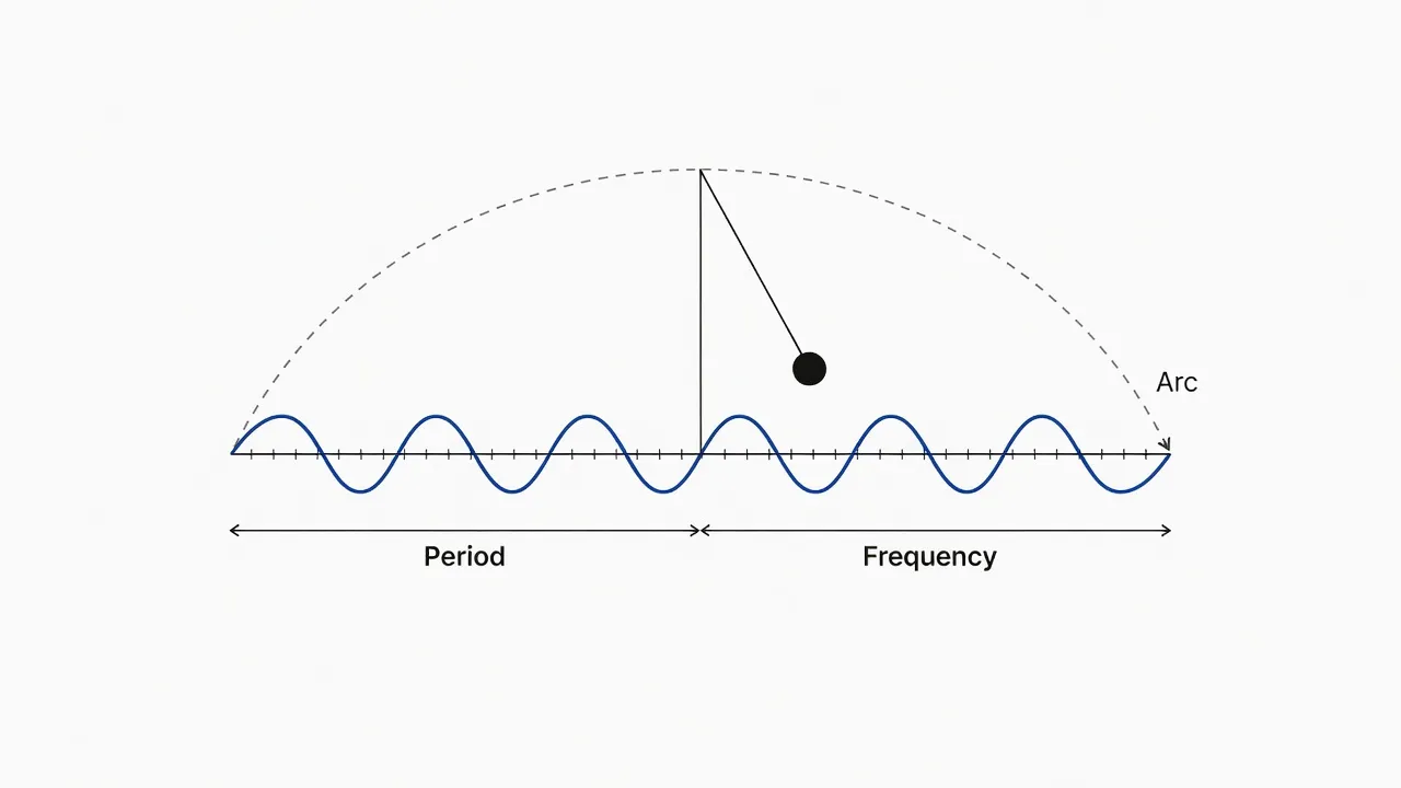 Illustration of period physics concepts including pendulum motion and simple harmonic waves