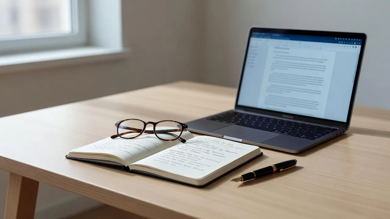 A clean wooden study desk with essay drafts, notebooks, and a laptop.