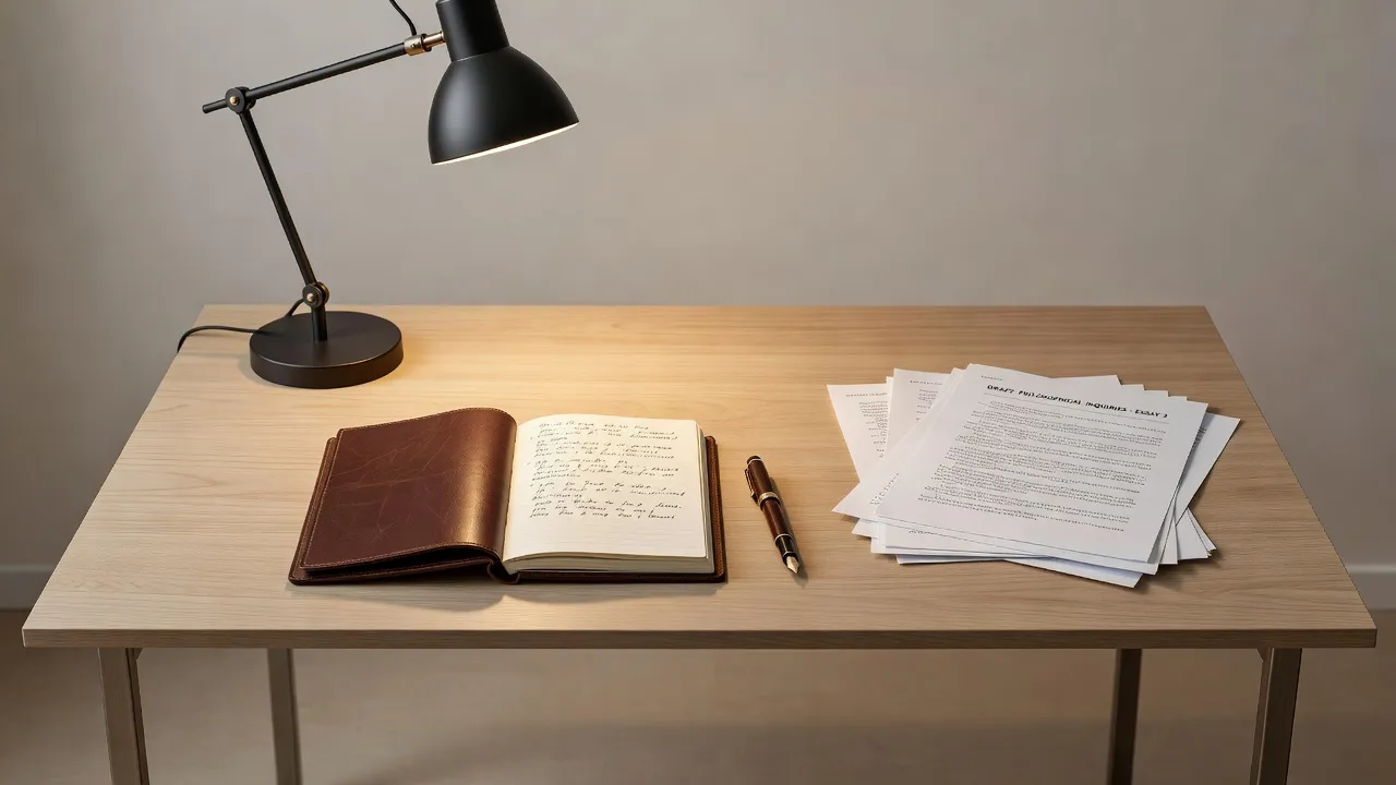 Open notebook and writing materials arranged on a wooden desk for personal essay writing.