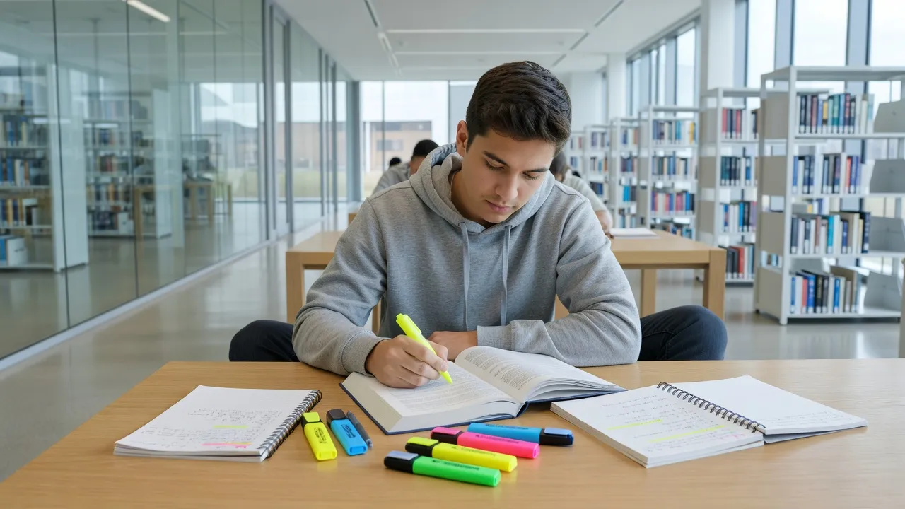Student analyzing text and outlining a personal essay in a quiet library setting.