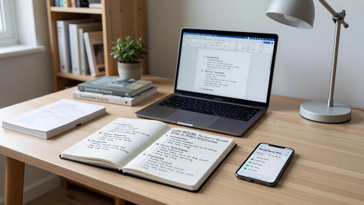 Essay outline in a notebook next to a smartphone showing a homework helper app on a wooden desk.