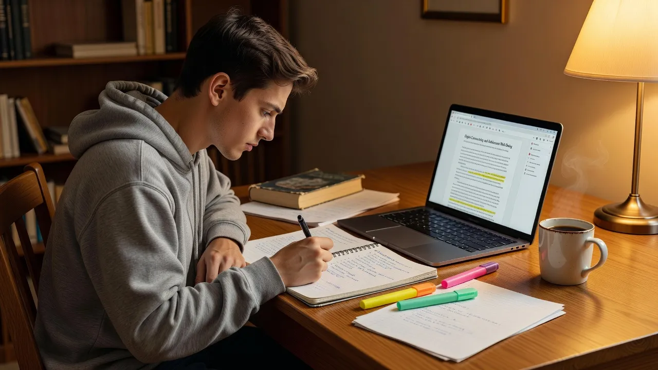 A student outlining persuasive writing essay topics in a desk setup with a laptop and notebook.
