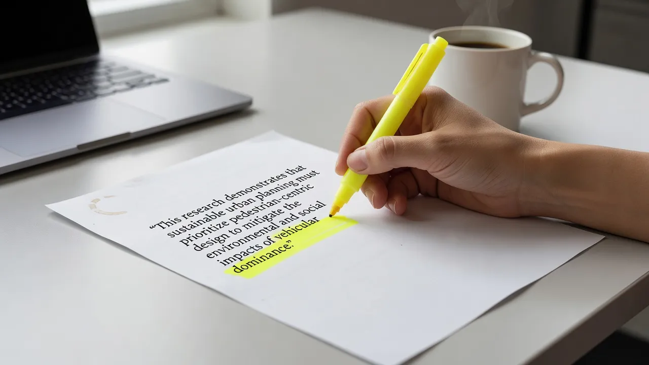 Highlighting a revised thesis statement on a printed draft of a persuasive essay.