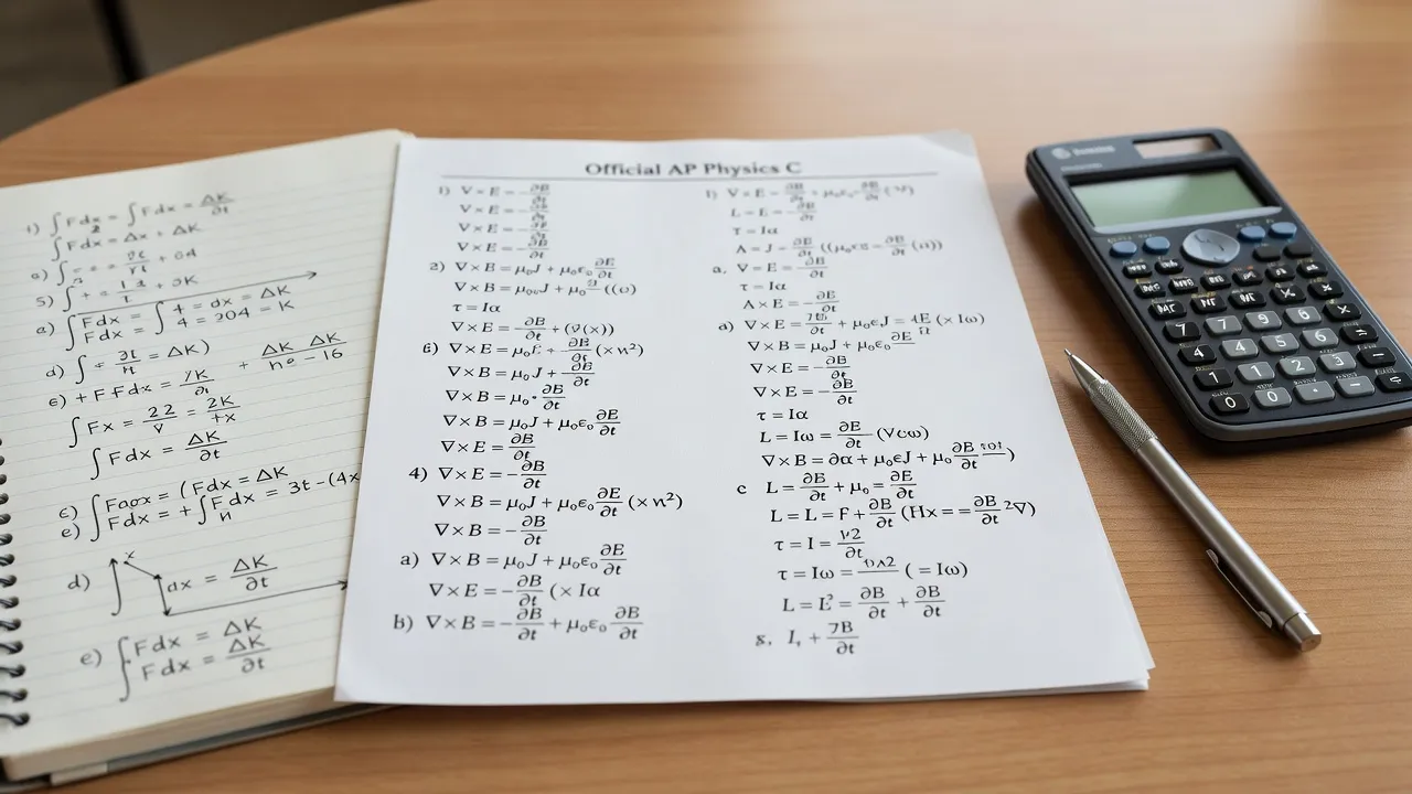 AP Physics C equation sheet laying on a wooden study desk alongside a graphing calculator and handwritten physics calculus notes.