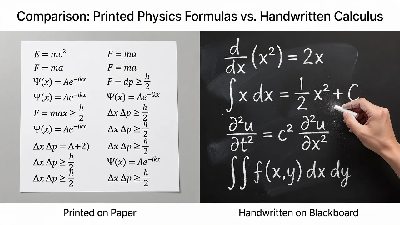 Diagram illustrating the difference between basic algebraic equations printed on a test sheet and calculus integrals derived manually.