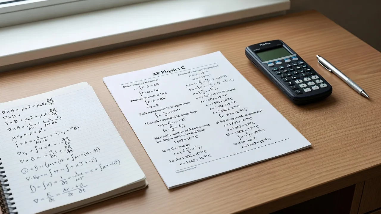 AP Physics C equation sheet sitting on a study desk alongside a graphing calculator and calculus notes.