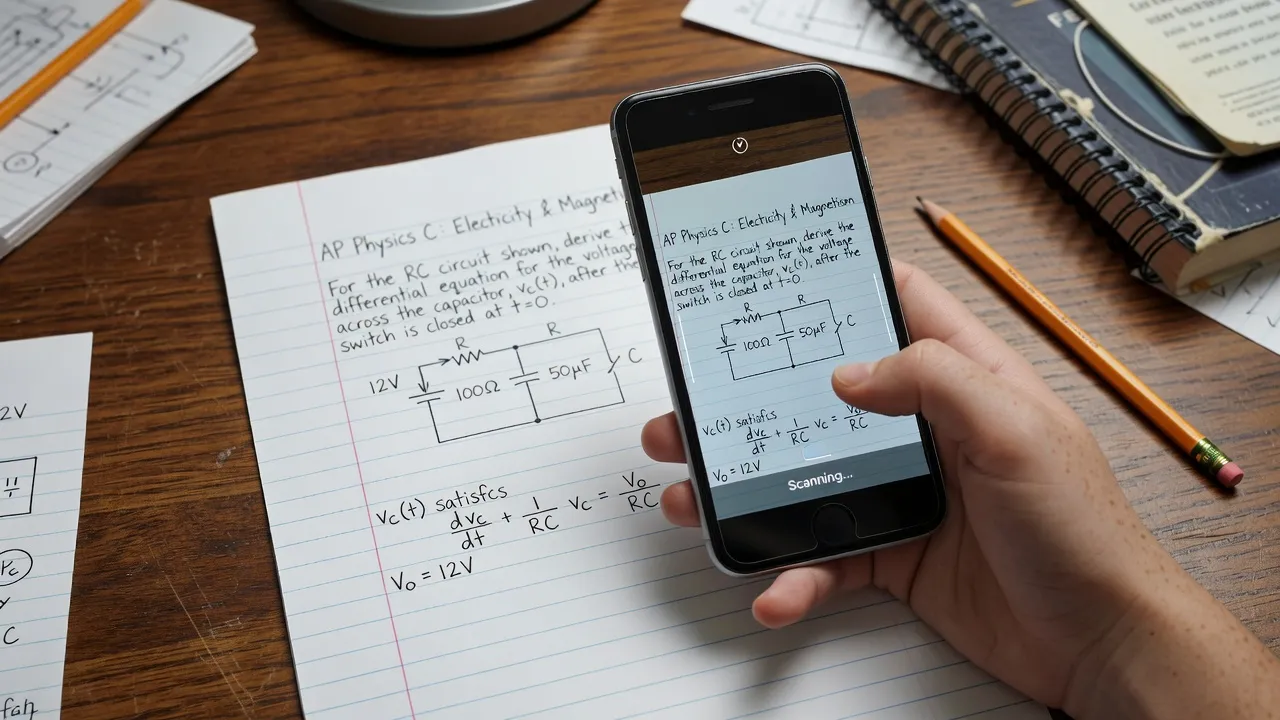 Student using a mobile homework app to scan and break down a complex physics calculus problem step by step.