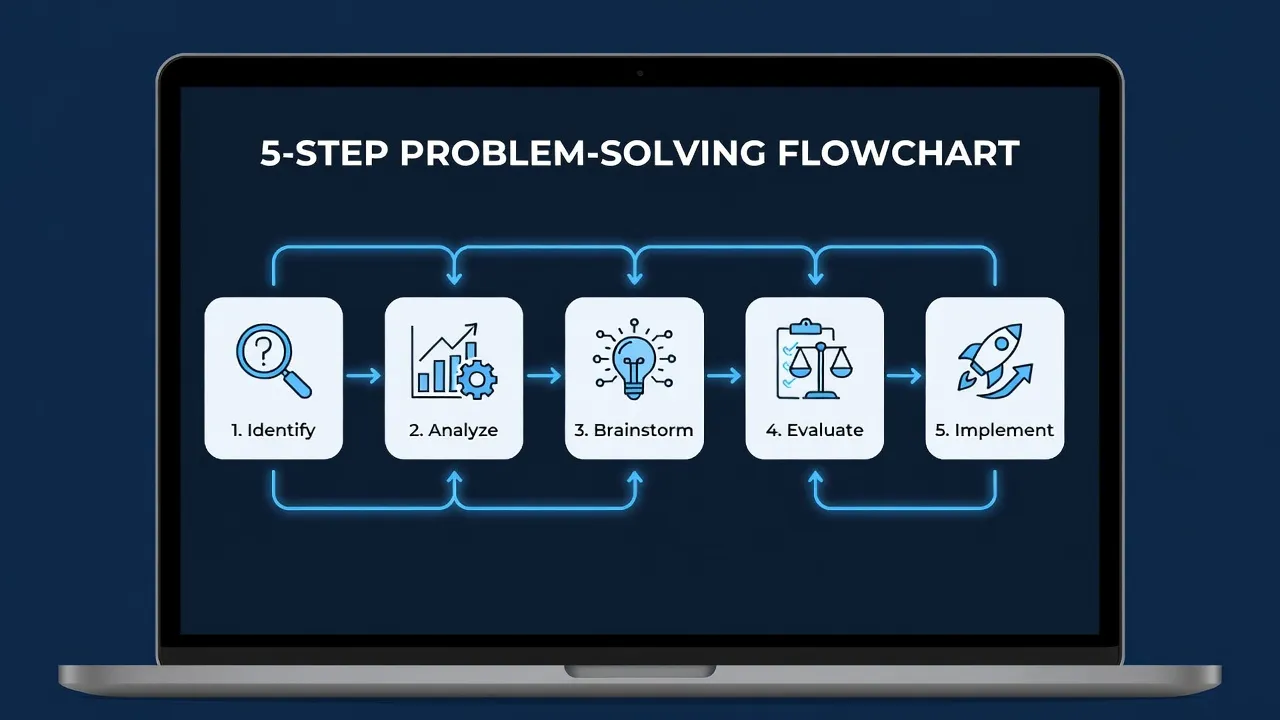A digital diagram illustrating the five steps to solve a physics word problem.