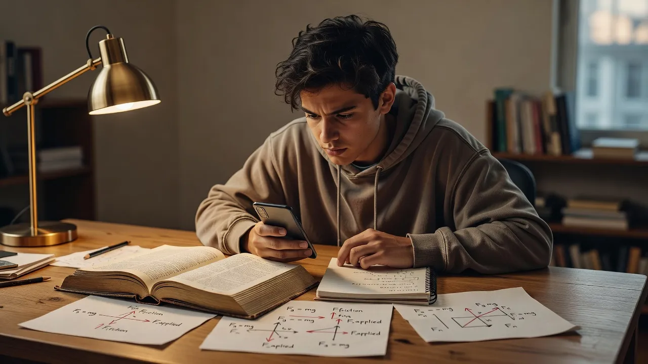 A student studying physics at a desk surrounded by force diagrams and equation sheets.