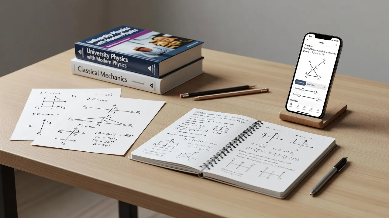A student reviewing physics equations and vector diagrams on paper alongside a laptop and study tools.