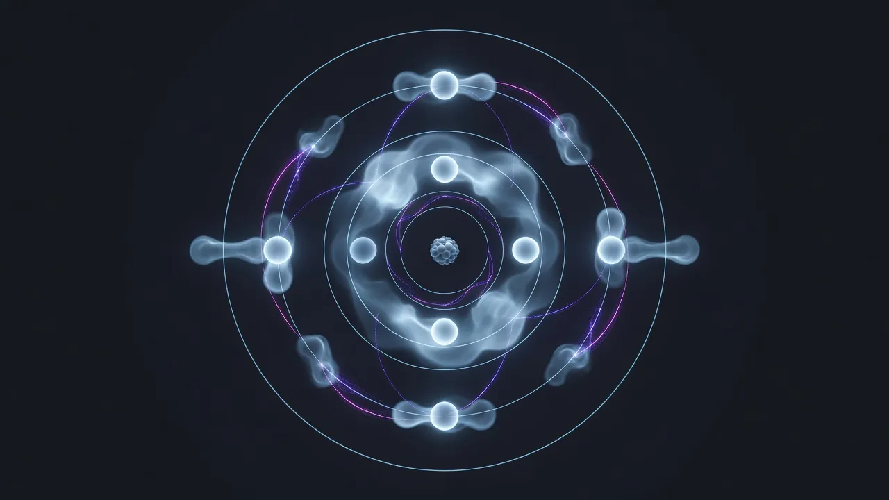 3D visualization of atomic electron shells and quantum energy levels around a nucleus