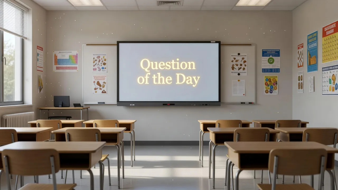A modern school classroom board displaying a colorful question of the day prompt for students.