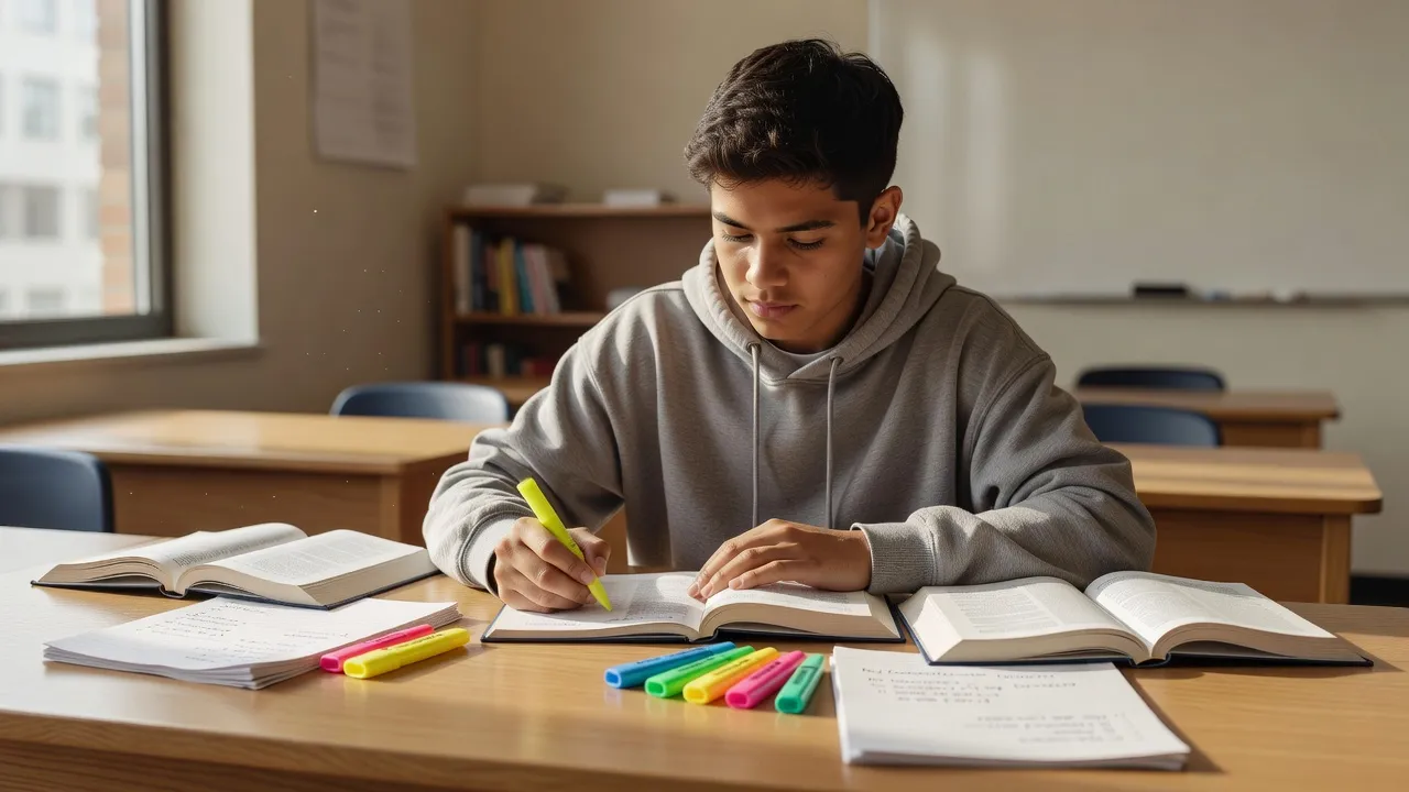 Student organizing an essay draft using the RACES writing strategy framework on paper.