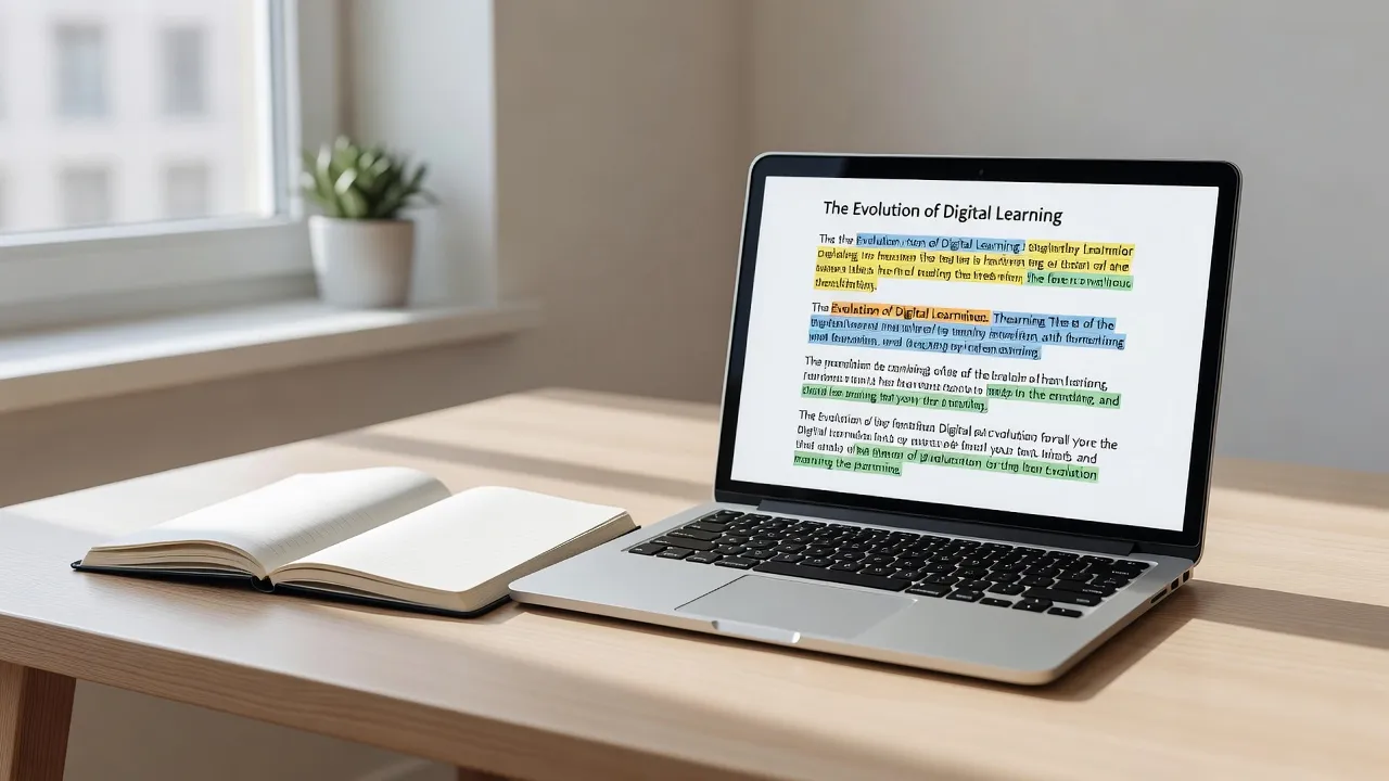 Student analyzing a rhetorical essay example draft on a modern laptop desk setup.