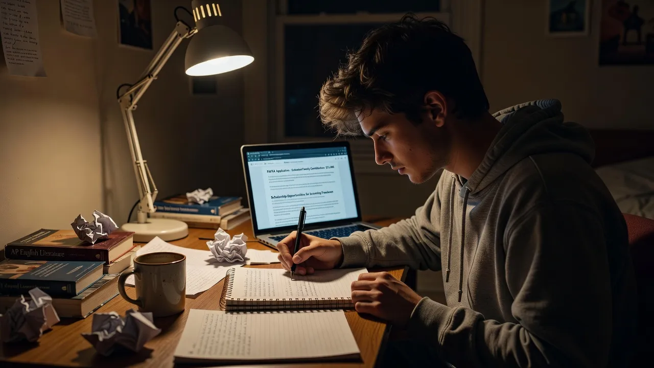 High school student writing a scholarship essay late at night at a wooden desk with a laptop and notebook.