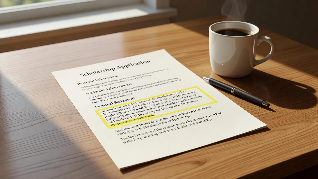 Printout of a scholarship application personal statement on a clean wooden table.