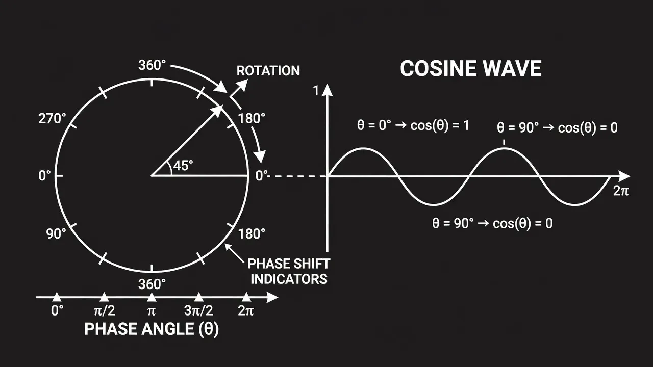 Diagram showing how unit circle rotation converts to a phase shifted cosine wave in physics.